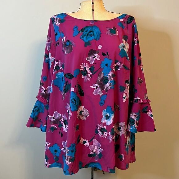Lane Bryant Tops - Lane Bryant Fuchsia Floral Print Ruffle Sleeve Blouse - Size 16